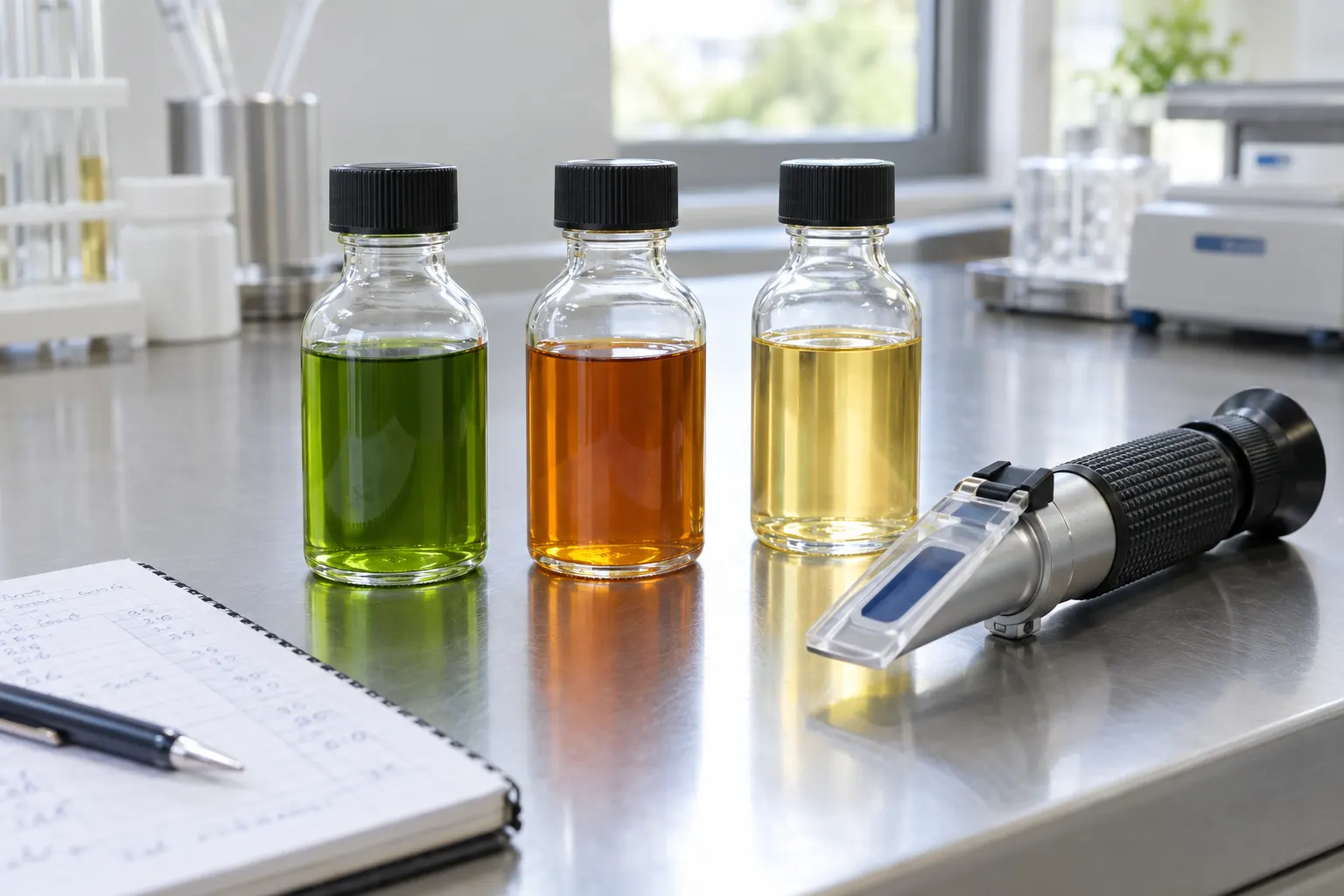 Sample bottles of green syrup, amber extract and golden aroma concentrate on a laboratory bench beside a refractometer